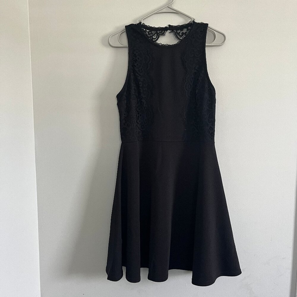Miami Womens Size L Black Lace Accent Fit Flare Mini Dress Zipper Open Back